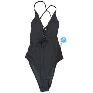 Black Cupshe Ribbed Lace-Up One-Piece Swimsuit - Medium